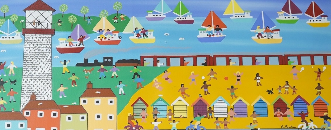 Gordon Barker (b.1960), acrylic on paper, ‘Summer Time Holidays’, 22x52cm. Condition - good